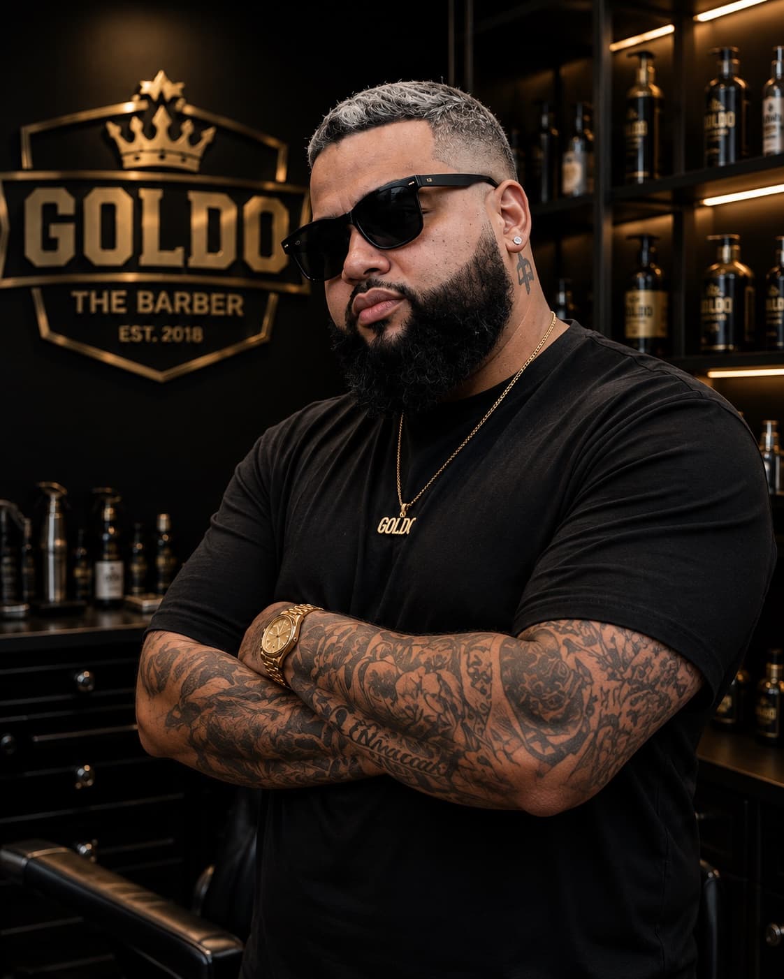 Goldo standing in his barbershop